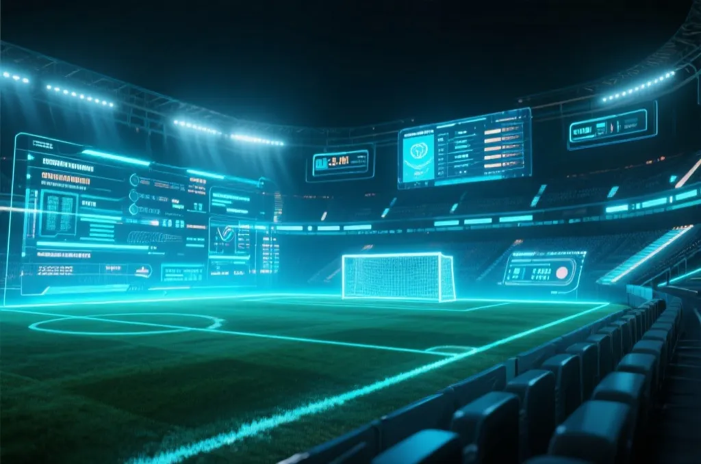 Futuristic holographic soccer stadium glowing with data streams and statistics interfaces